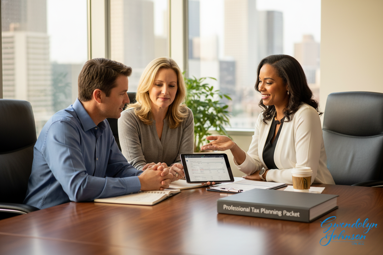 Client looking relieved while Gwendolyn explains documents